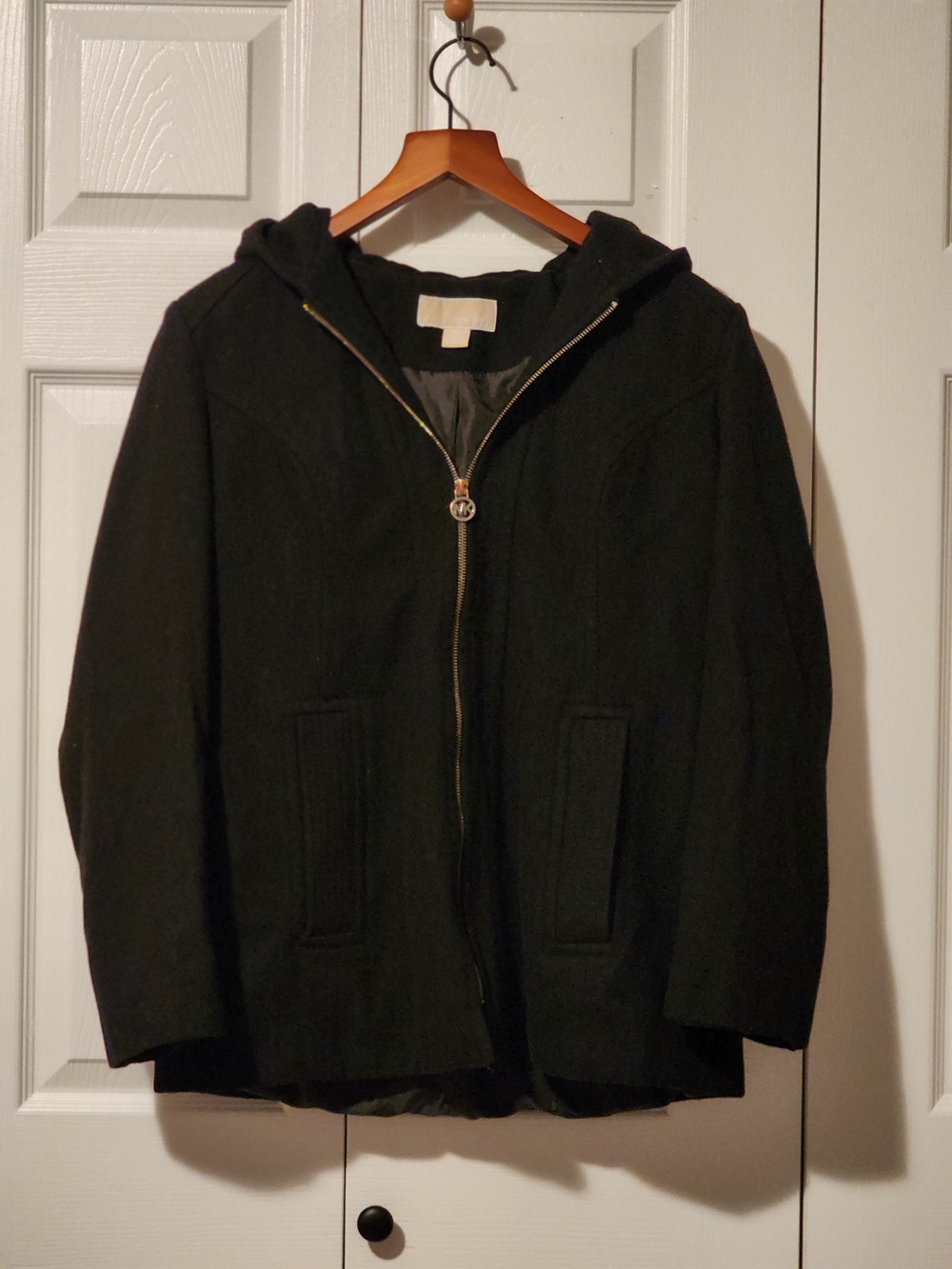 MICHAEL KORS Black Hooded Wool Blend Peacoat Size Medium - Picture 4 of 11
